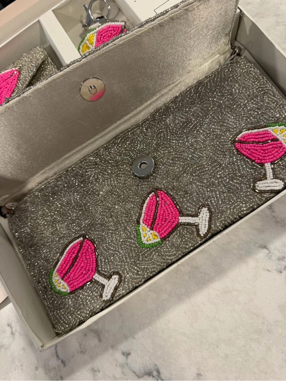 Rachel Zoe Silver Beaded Clutch, Card Case & Charm with Pink Cocktail Motif